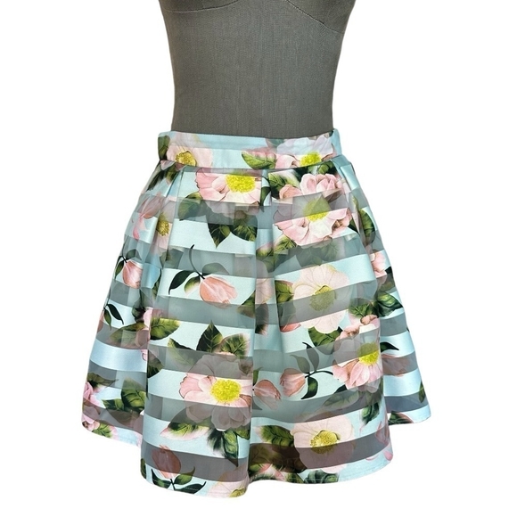 Women’s Skirt PAPAYA Blue Multicolor Mesh Striped Mini Skirt Floral Skater Skirt - Picture 2 of 6